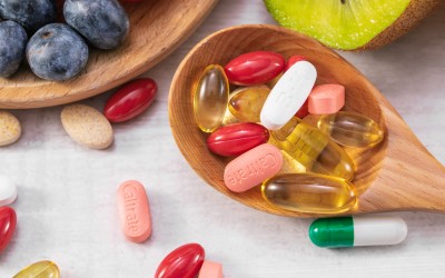 A closeup shot of fresh fruits with different medicine on a wooden spoon